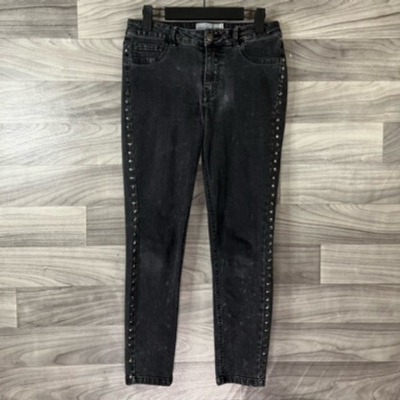 Stitch Play Womens Tapered Jeans Black Pockets Studded Mid Rise Denim Juniors 7 - Picture 1 of 12